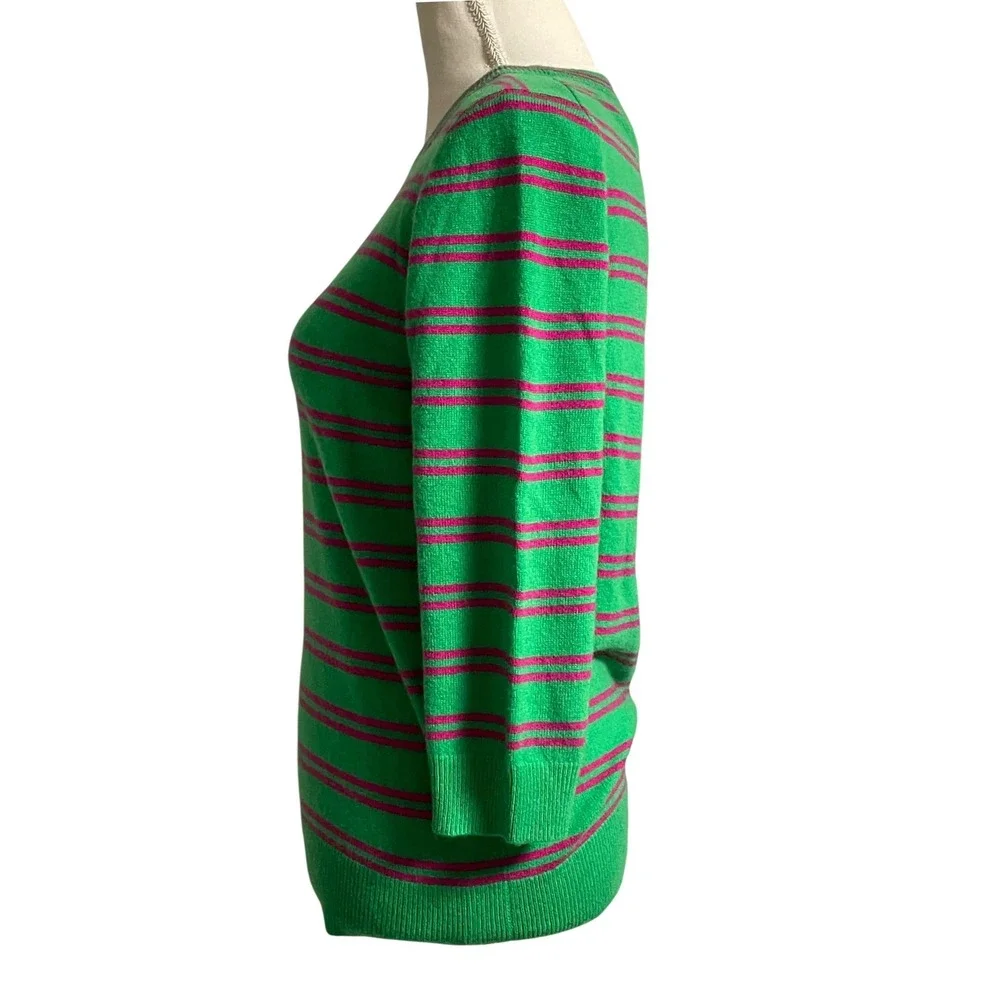 J. Crew Italian Cashmere Green Pink Stripe Crewneck Women's Small